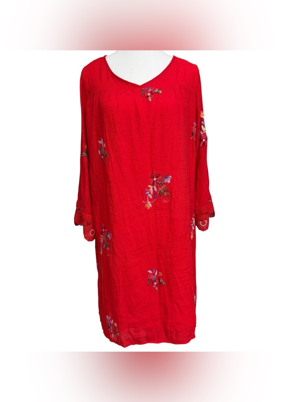 NEW Kindred Red Floral Embroidered 3/4 Sleeve Boho Peasant Prairie Dress Sz M